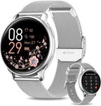Montre connectée argentée avec bracelet en maille, affichage floral, suivi de santé, notifications d'appels et messages, écran tactile moderne.