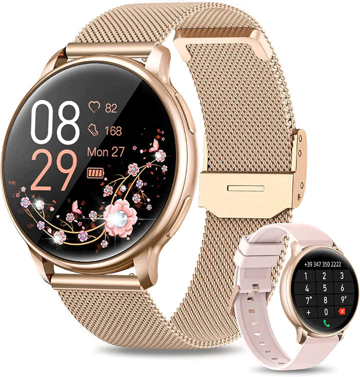 Montre connectée rose doré avec écran tactile affichant l'heure, la date et des motifs floraux. Bracelet en maille métallique. Accessoire mode high-tech.