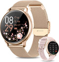 Montre connectée rose doré avec écran tactile affichant l'heure, la date et des motifs floraux. Bracelet en maille métallique. Accessoire mode high-tech.