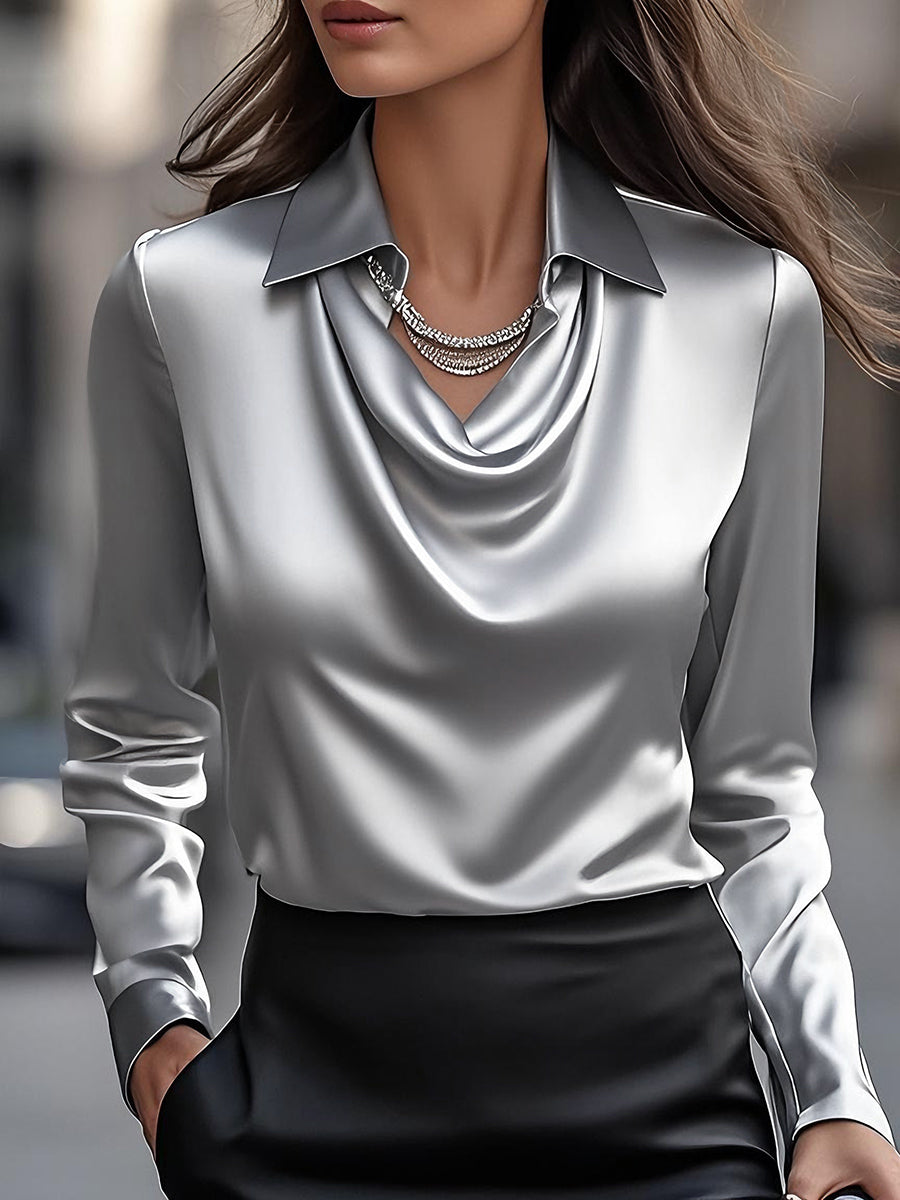 Chemisier en satin pour femme avec encolure drapée – Haut élégant à manches longues pour le travail et les soirées