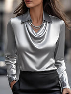 Chemisier en satin pour femme avec encolure drapée – Haut élégant à manches longues pour le travail et les soirées