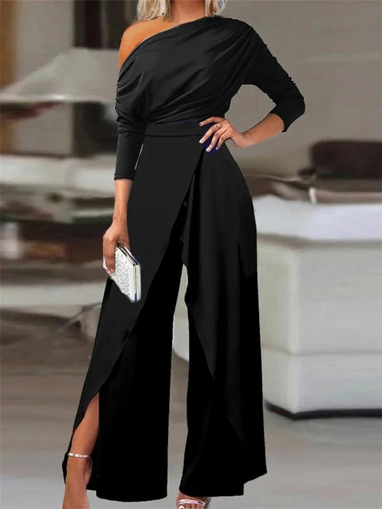 Anne | Women's stylish split-hem shoulder pad elegant jumpsuit