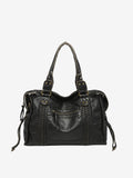 Sac à main en cuir noir élégant avec coutures décoratives, poches zippées et anses robustes. Accessoire mode femme chic et pratique.