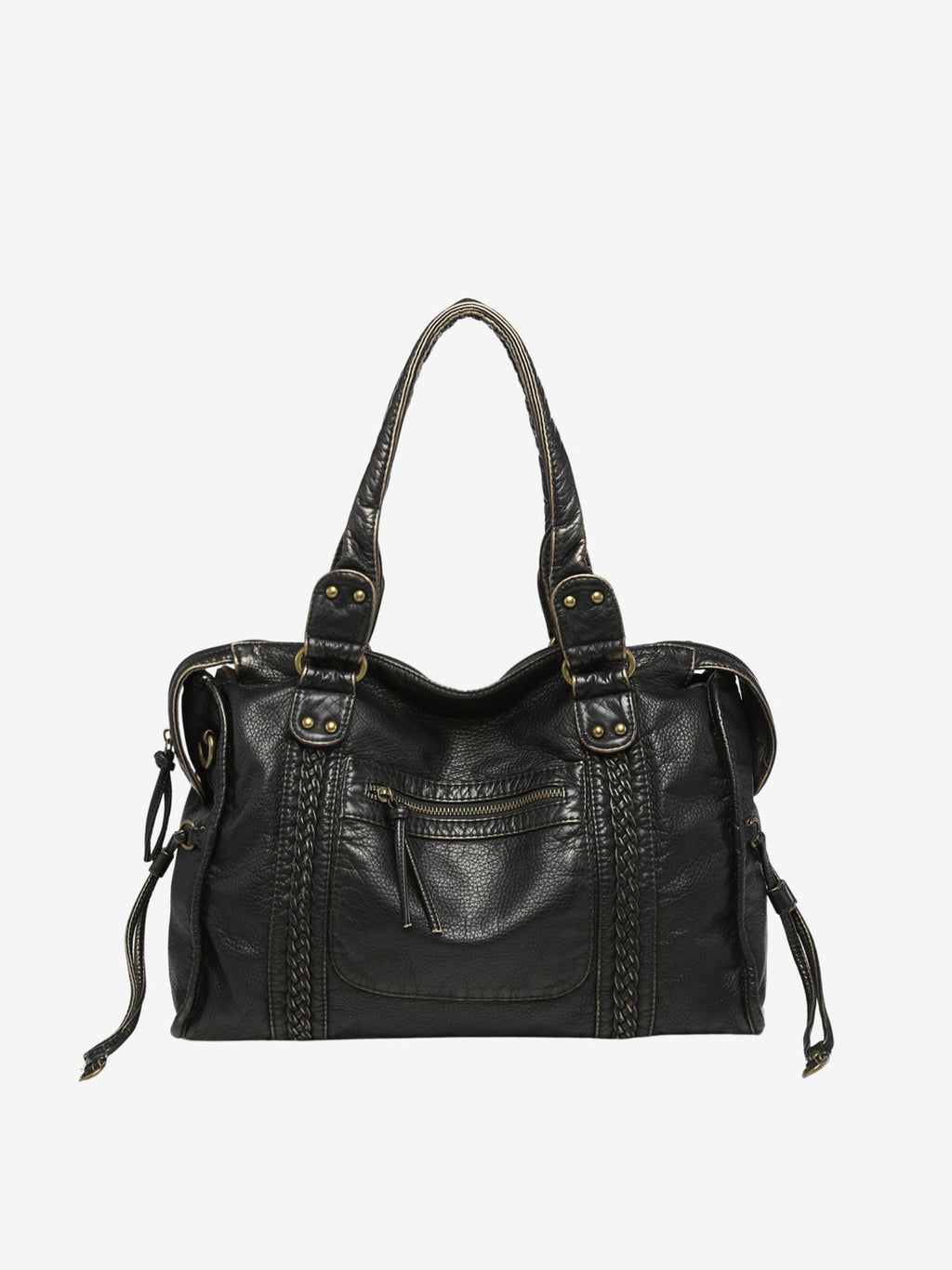 Sac à main en cuir noir élégant avec poignées doubles, coutures décoratives et poche avant zippée. Accessoire mode femme chic et pratique.