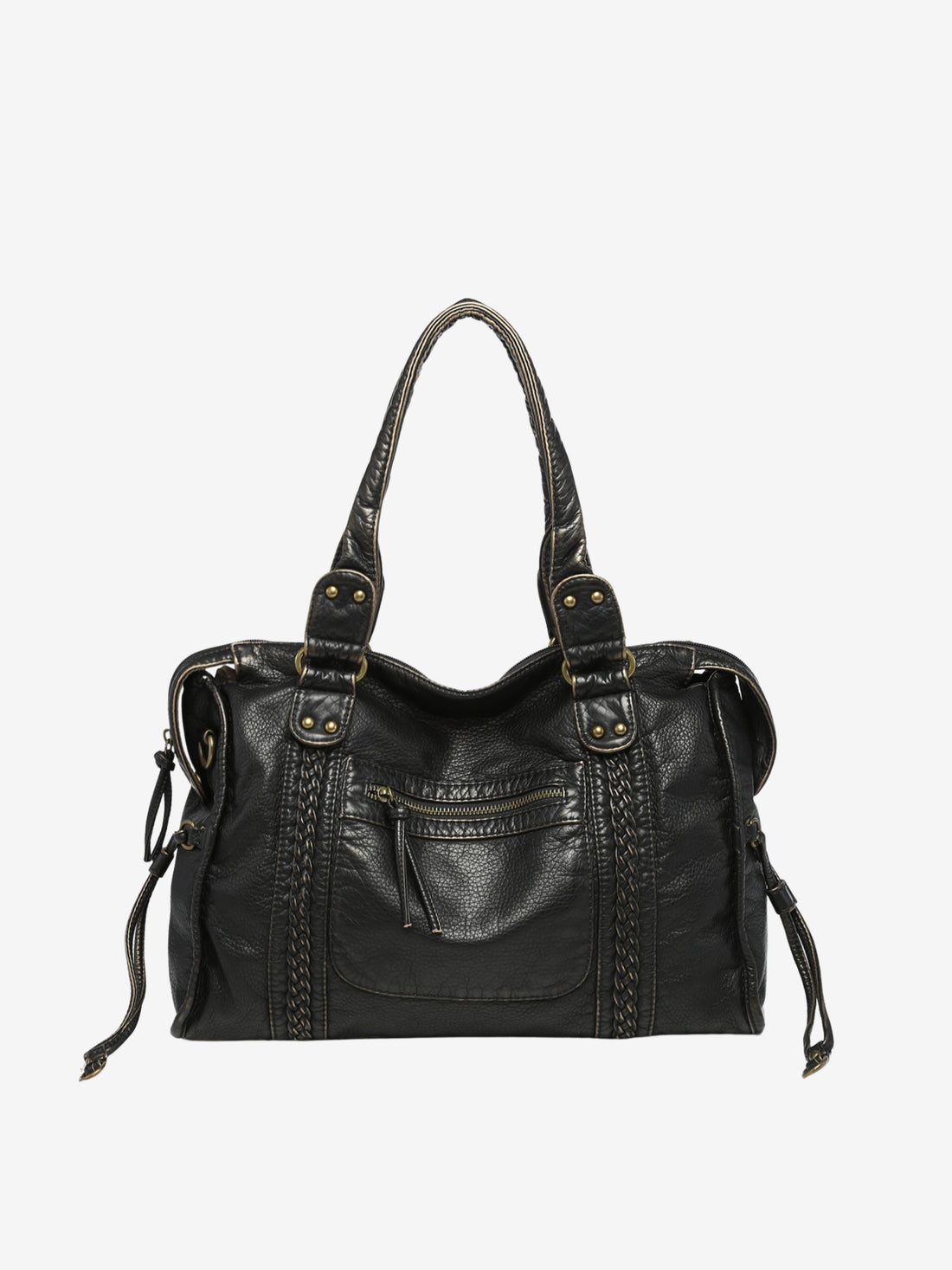 Sac à main en cuir noir élégant avec poignées doubles, coutures décoratives et poche avant zippée. Accessoire mode femme chic et pratique.