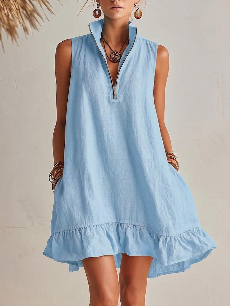 Robe trapèze sans manches à col demi-zip et volant