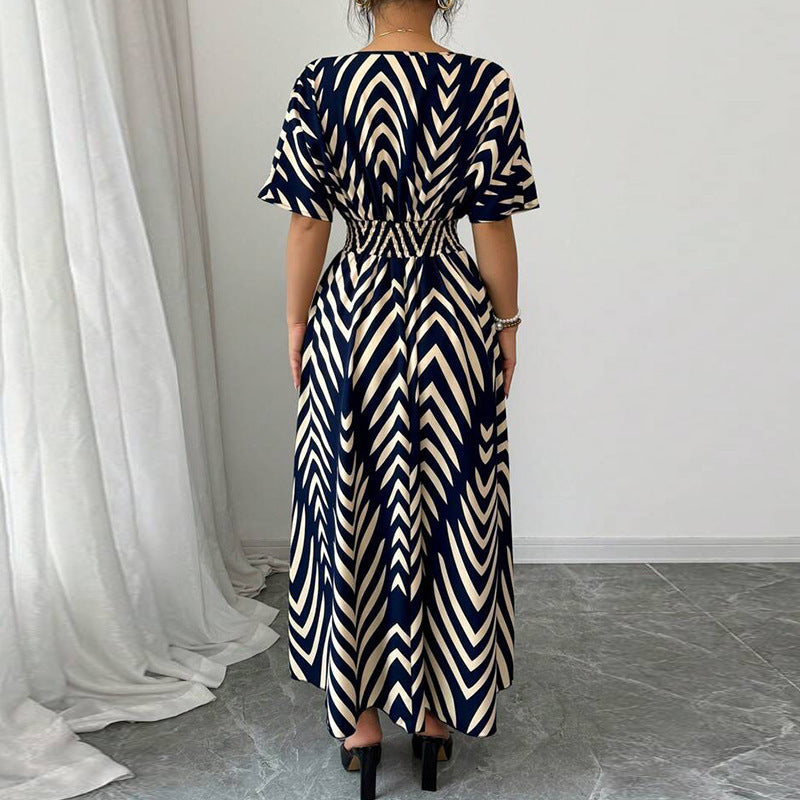 Long dress with short sleeves and fitted waist