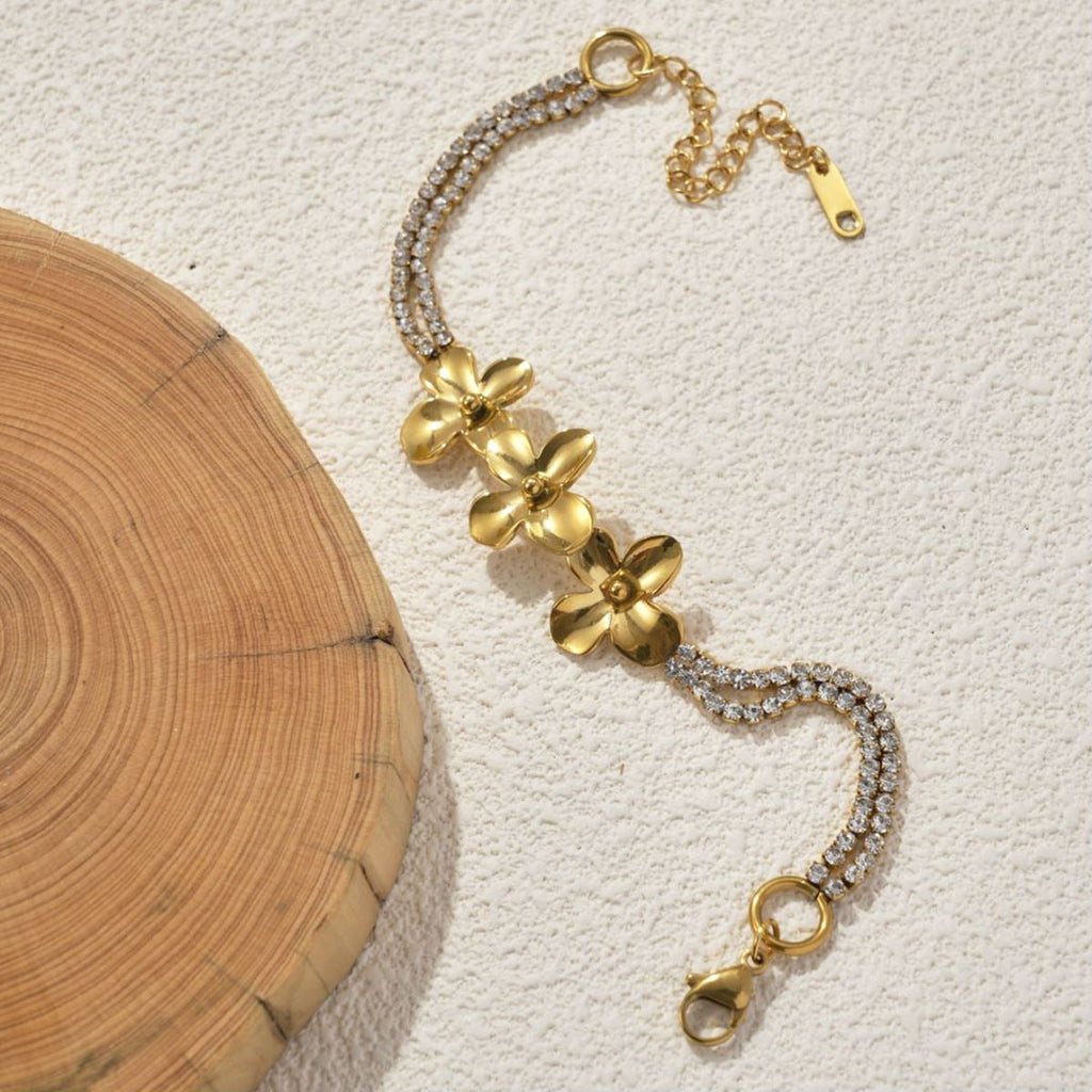 Bracelet fleur et strass en acier inoxydable
