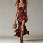 Asymmetric high-waisted ruffled maxi dress