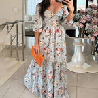 Printed long dress, V-neck, and tie belt