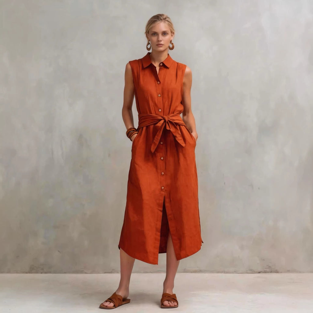 Robe droite lin-coton sans manches teinte unie