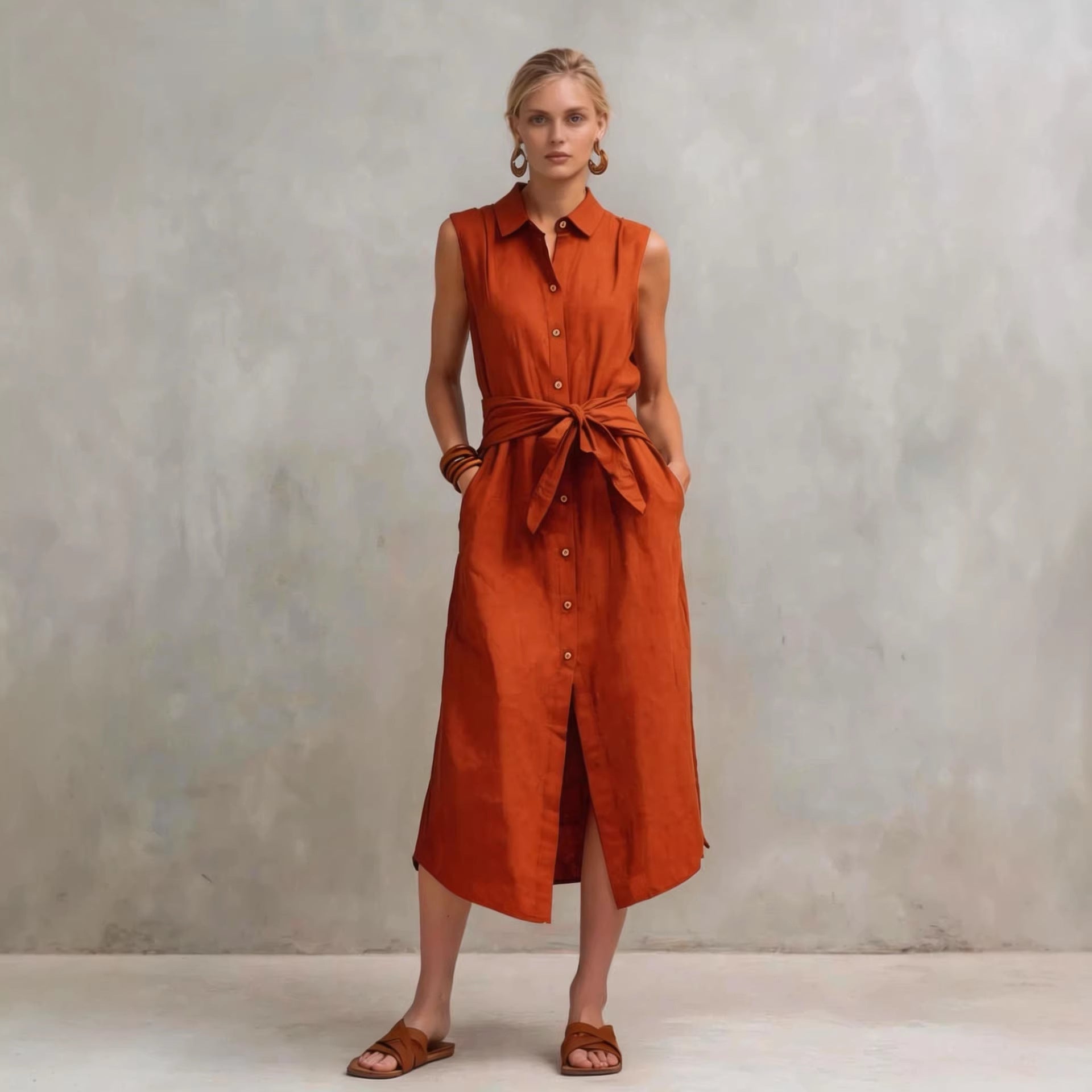Robe droite lin-coton sans manches teinte unie