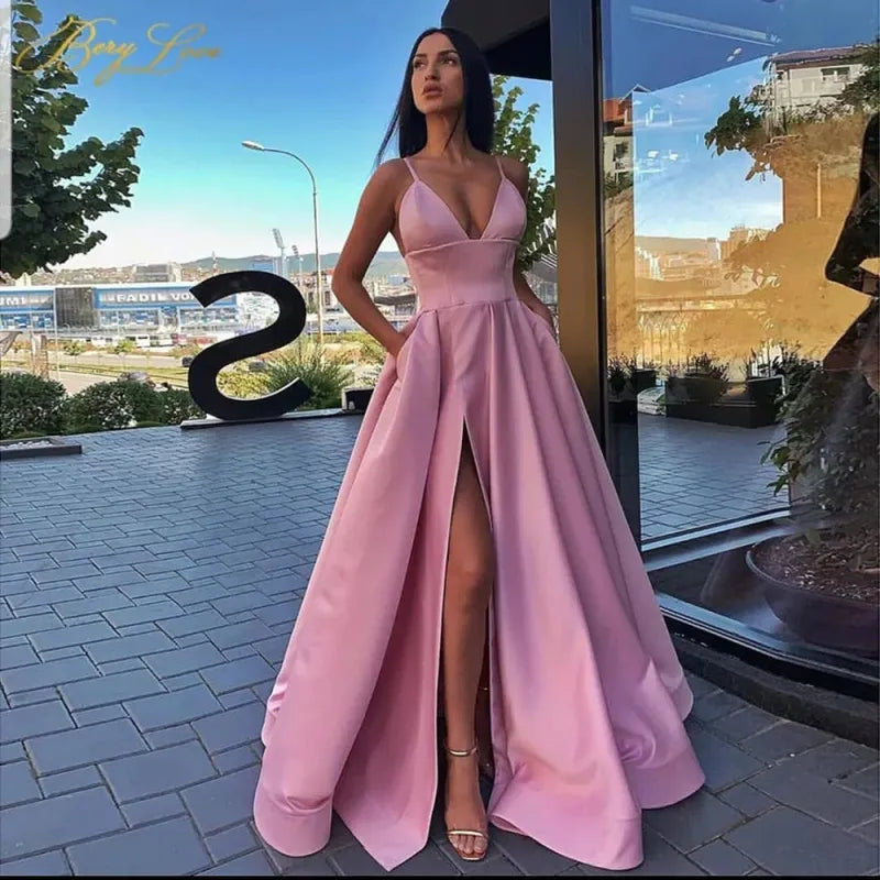 Robe longue satin à bretelles fente latérale élégant couleur unie - Chic&Shines
