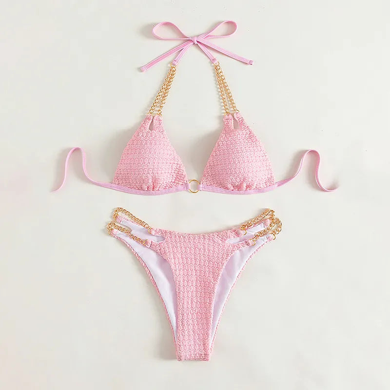 Maillot de bain bikini col licou et chaîne