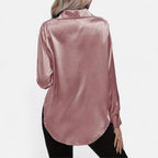 Chemisier boutonné en satin pour femme – Chemise classique à manches longues et revers