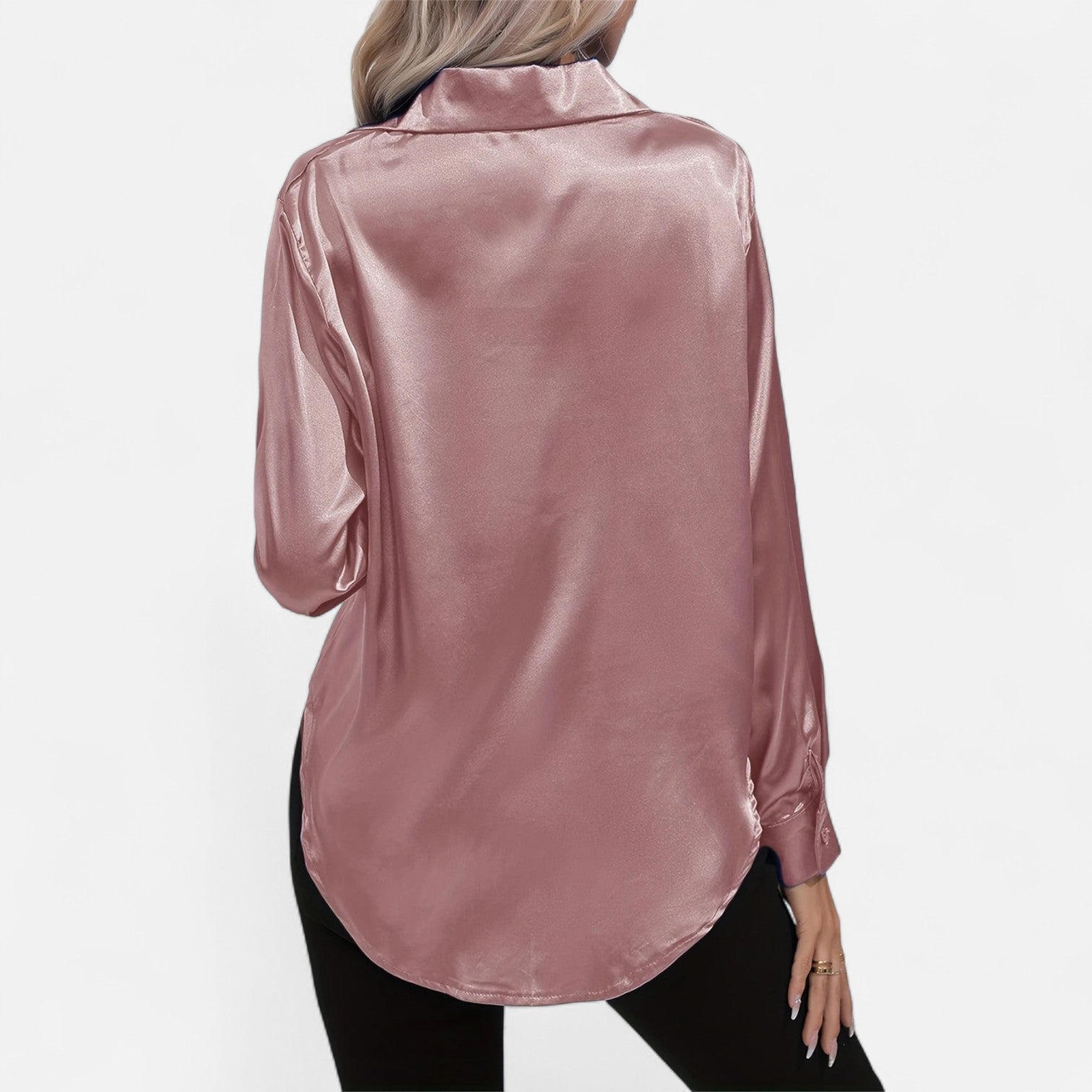 Chemisier boutonné en satin pour femme – Chemise classique à manches longues et revers