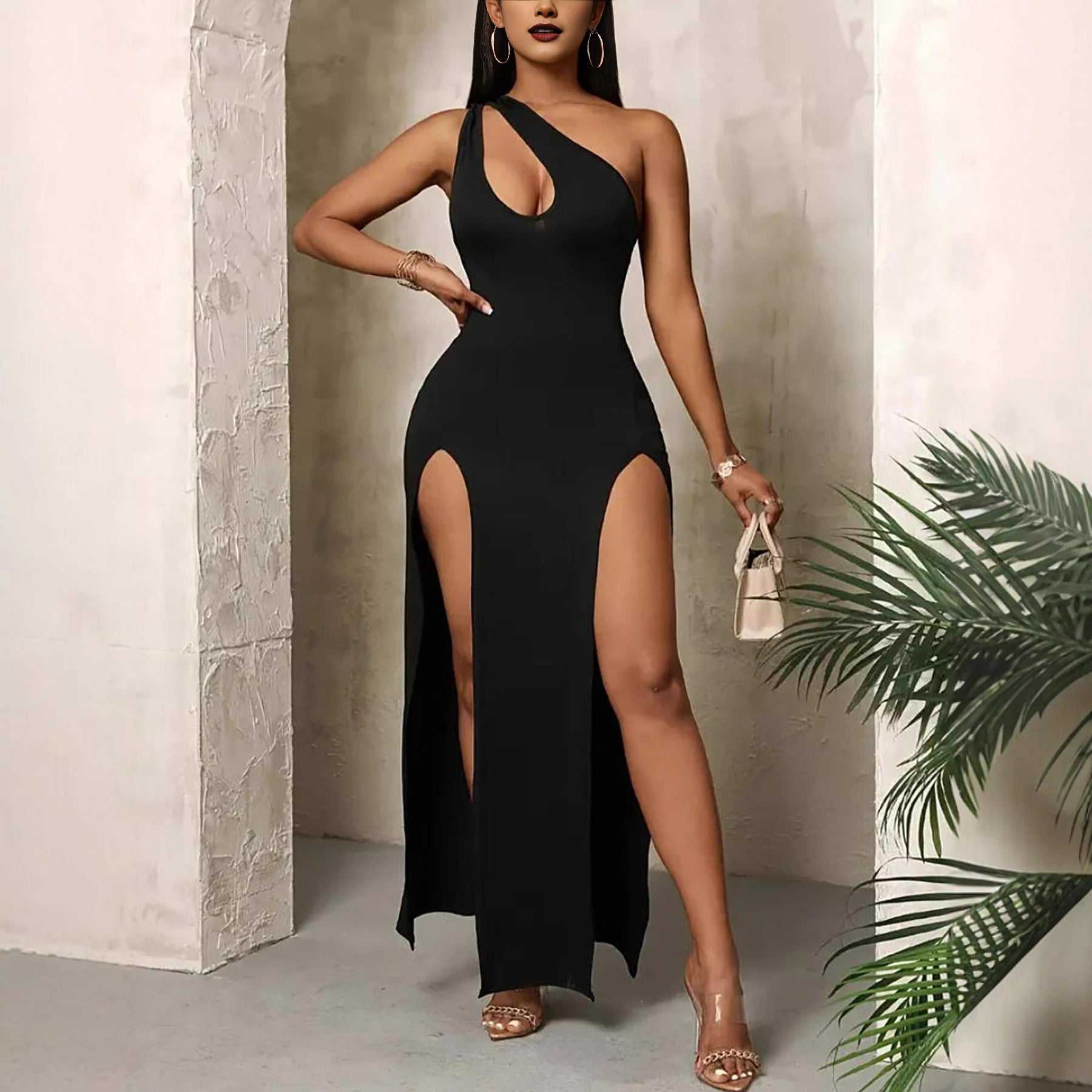 Robe longue fendue sexy à épaules dénudées