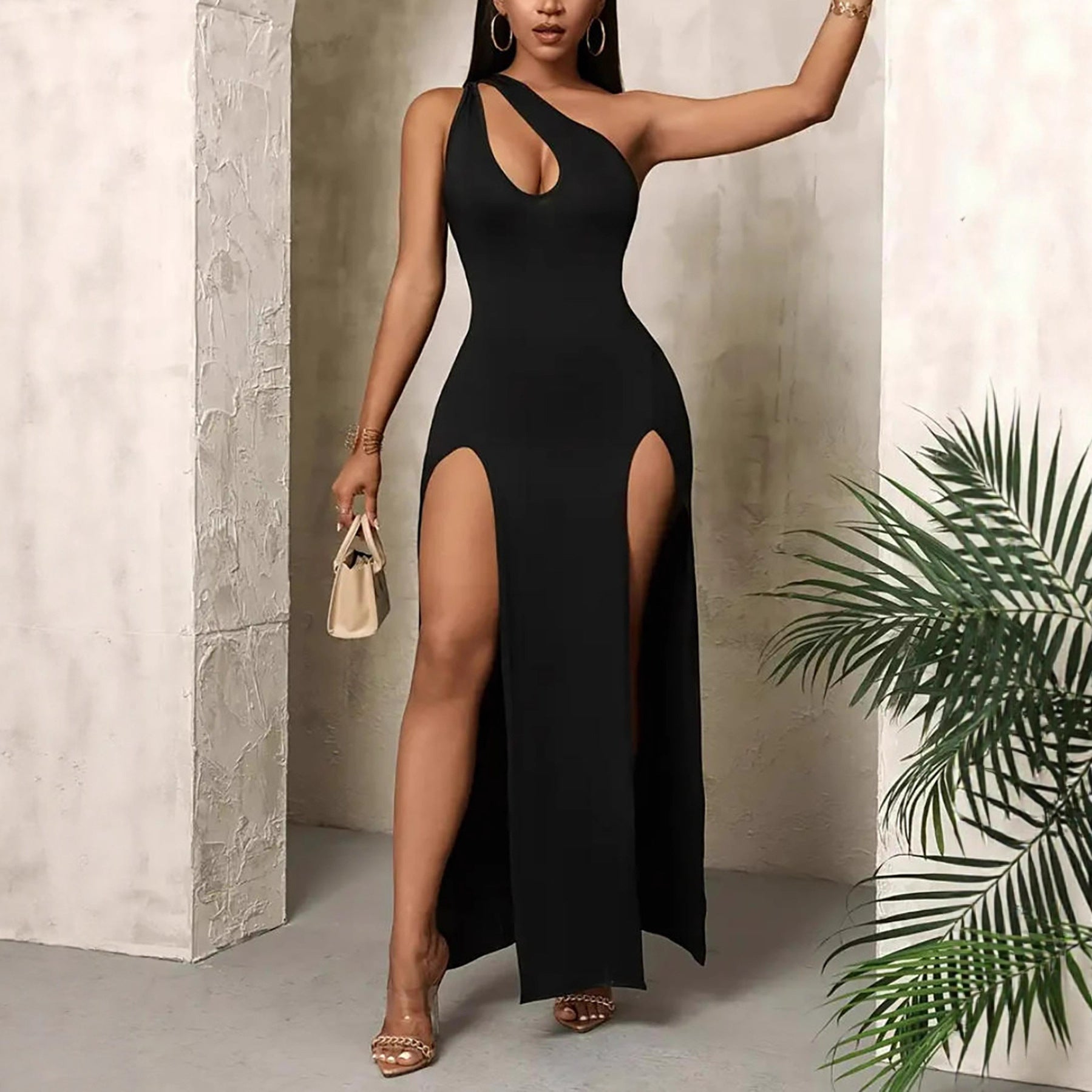 Robe longue fendue sexy à épaules dénudées