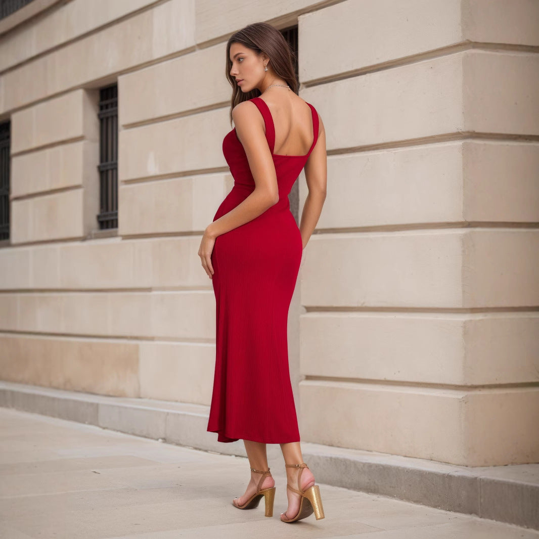 Robe Maxi Cintrée Rouge à Dos Ouvert