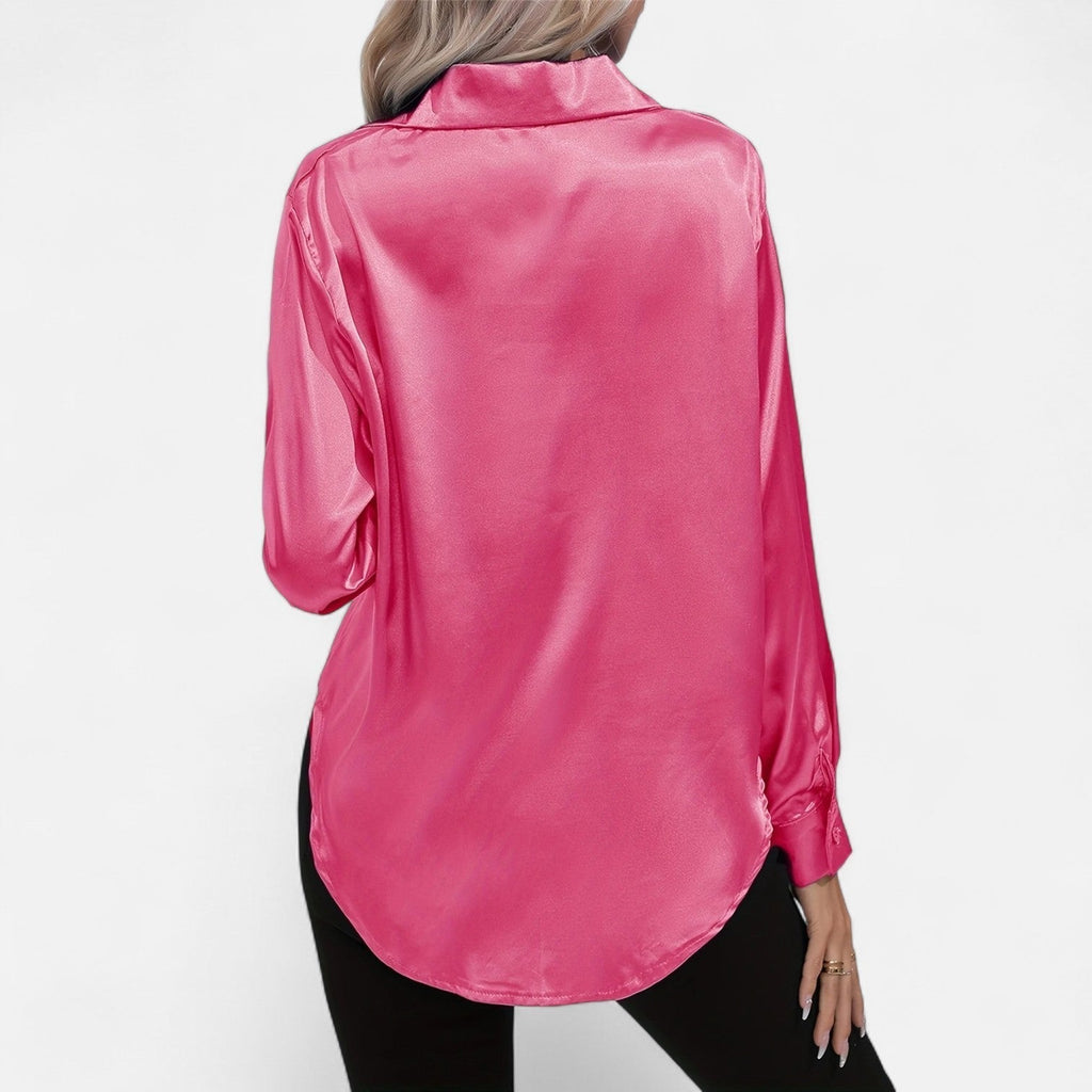 Chemisier boutonné en satin pour femme – Chemise classique à manches longues et revers