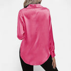 Chemisier boutonné en satin pour femme – Chemise classique à manches longues et revers