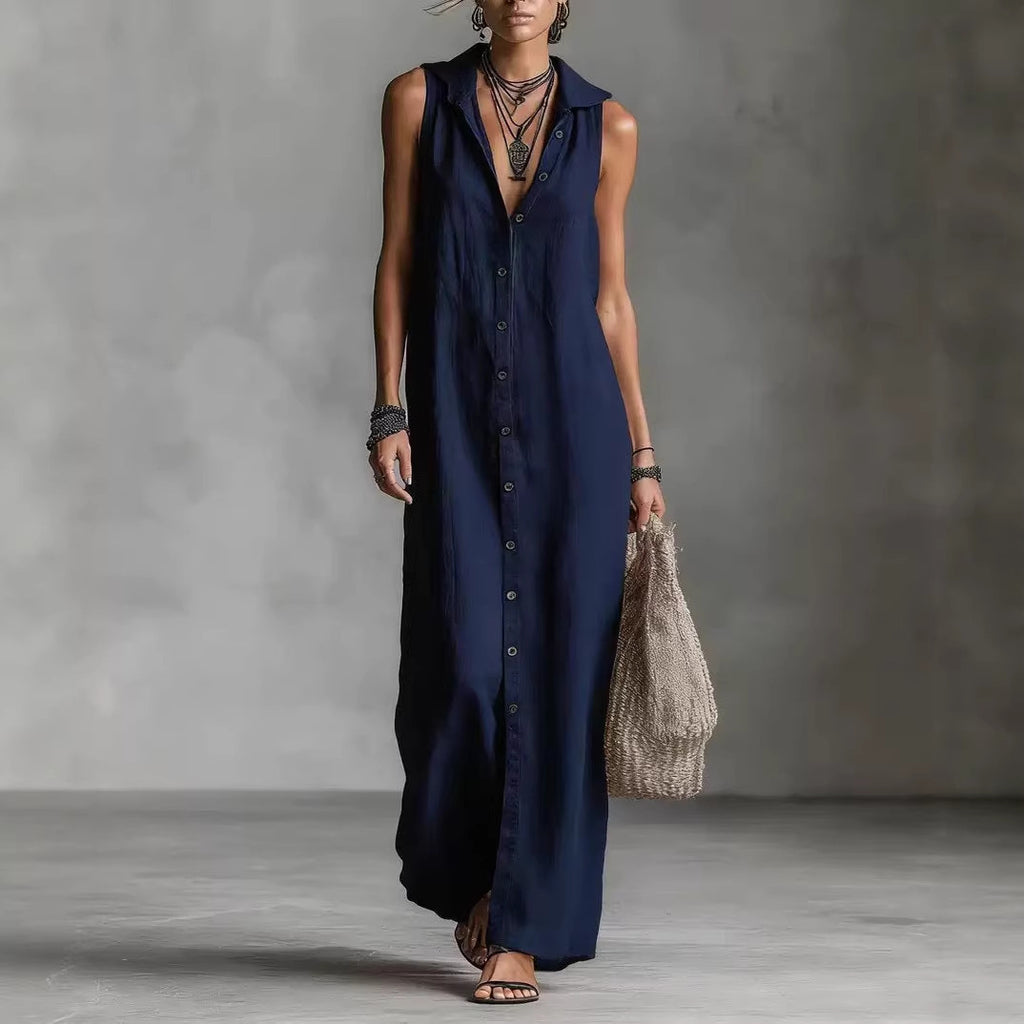 Robe longue sans manches à capuche et patte de boutonnage