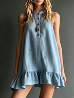 Robe midi col montant lin-coton à volant