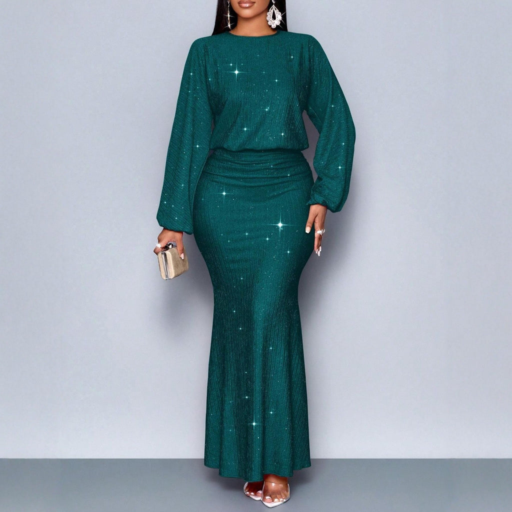 Long-sleeved sequined evening maxi dress