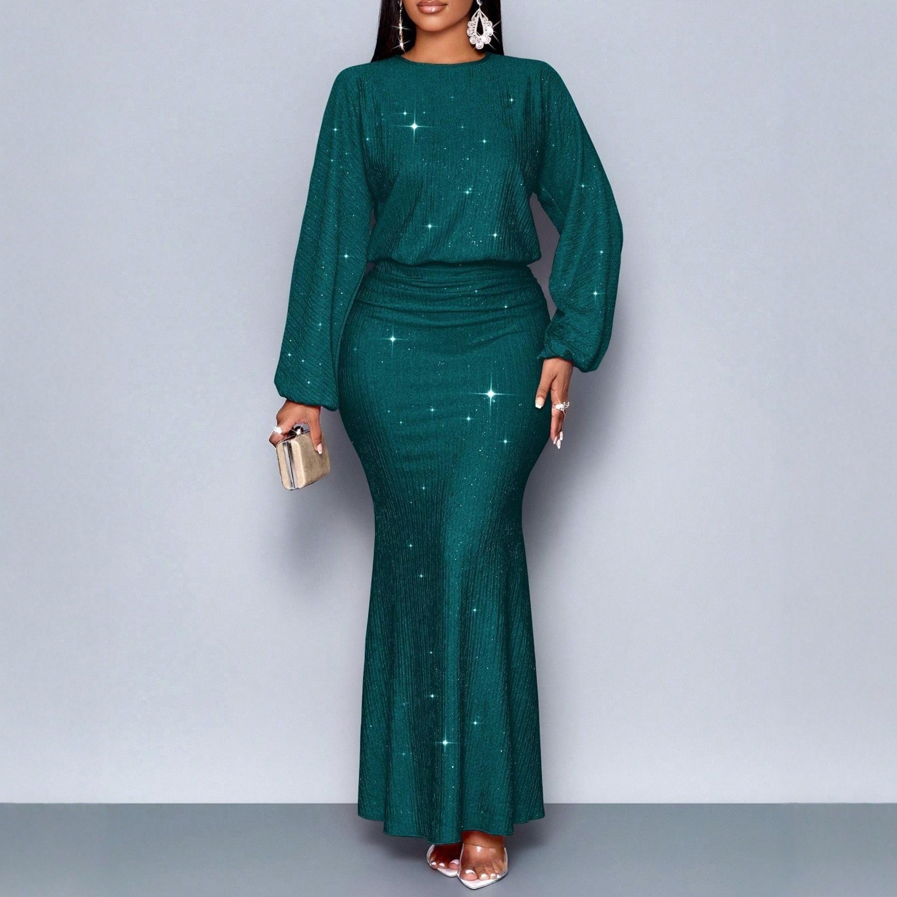 Long-sleeved sequined evening maxi dress