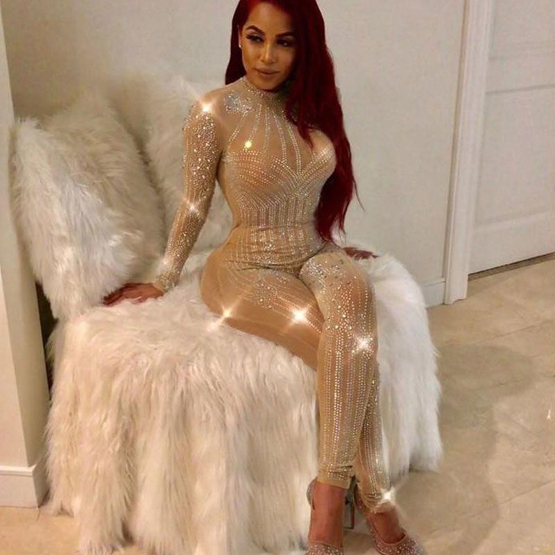 Sheer mesh rhinestone long-sleeved bodysuit