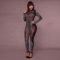 Combinaison moulante manches longues en strass maille transparent - Chic&Shines