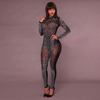 Combinaison moulante manches longues en strass maille transparent - Chic&Shines