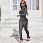 Sheer mesh rhinestone long-sleeved bodysuit