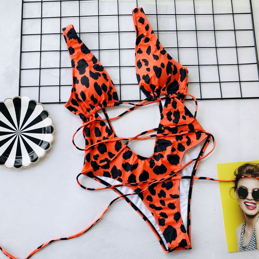 Maillot de bain une pièce imprimé léopard à lacets sexy
