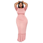 Robe longue col rond  taille haute manches courtes