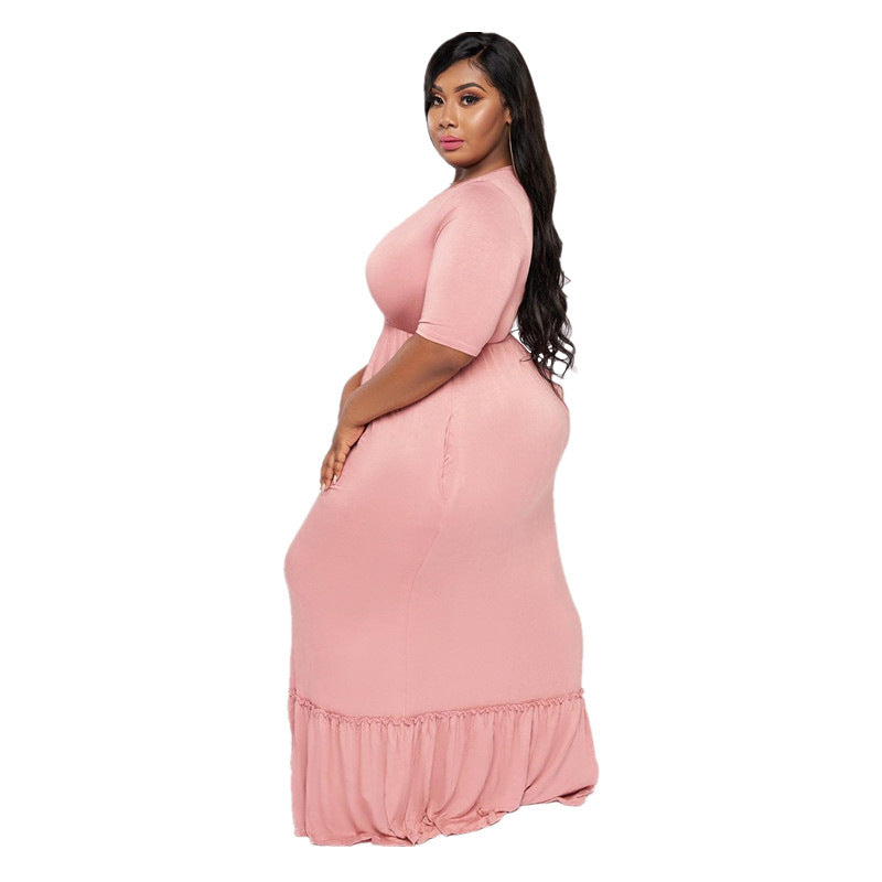 Robe longue col rond  taille haute manches courtes