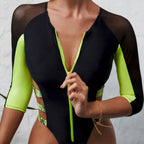 Long sleeve swimsuit with side stripes and zip