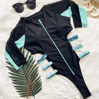 Long sleeve swimsuit with side stripes and zip