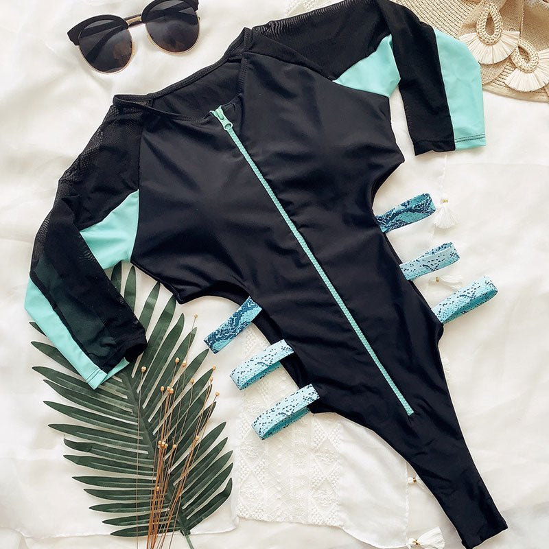 Long sleeve swimsuit with side stripes and zip