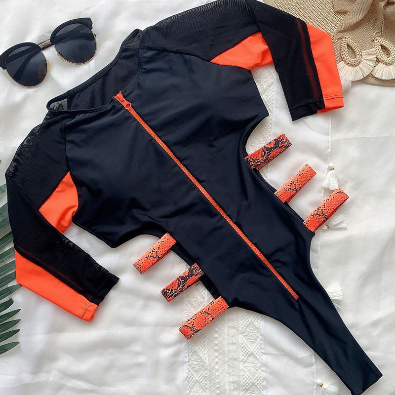 Long sleeve swimsuit with side stripes and zip