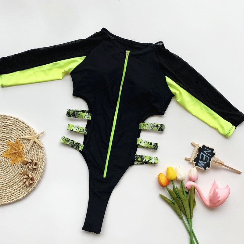 Long sleeve swimsuit with side stripes and zip