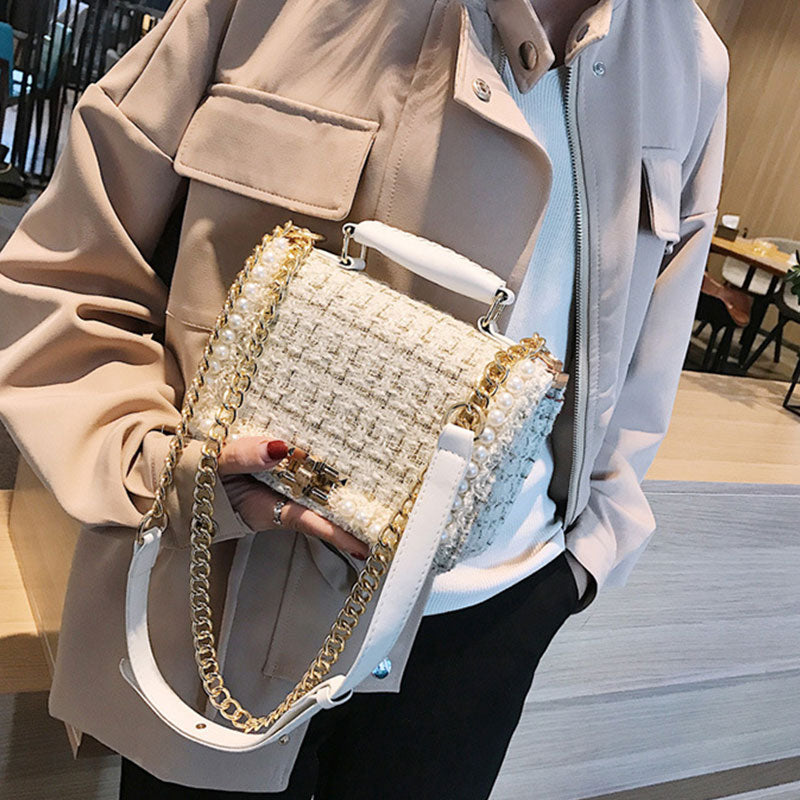 Elegant Square Bag with Pearl Chain Decoration