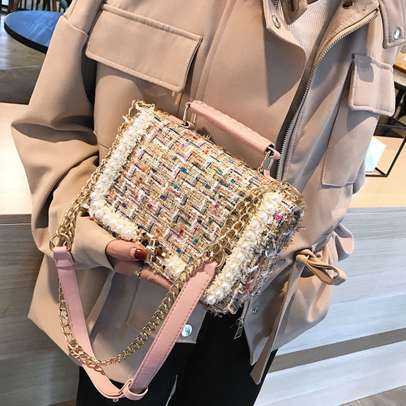 Elegant Square Bag with Pearl Chain Decoration