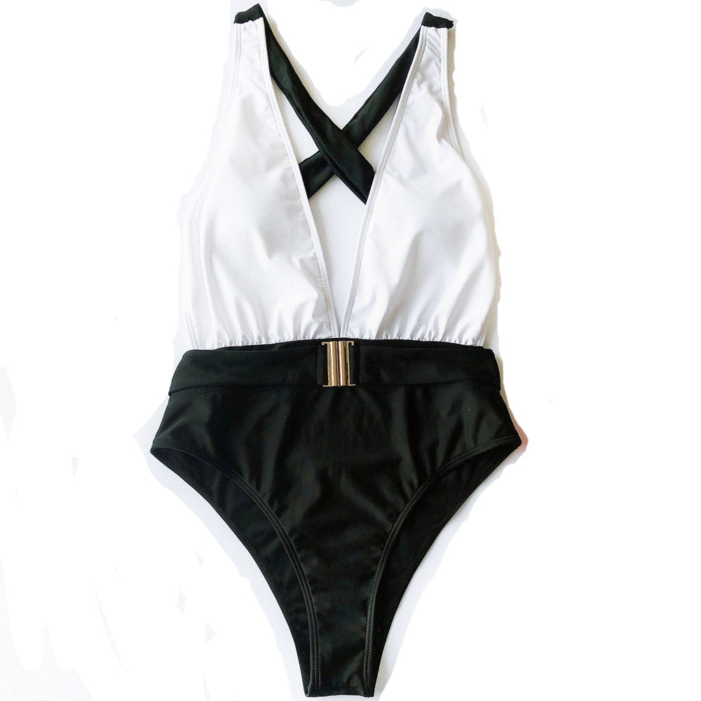 Maillot De Bain Une Pièce Boucle en métal sexy à col en V.