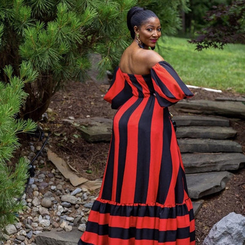 Robe longue rayée à épaules dénudées style Bohème