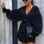 Short V-neck dress with long lantern sleeves and belt