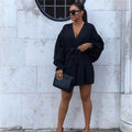 Robe courte col V à manches longues lanternes avec ceinture - Chic&Shines