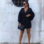 Robe courte col V à manches longues lanternes avec ceinture - Chic&Shines