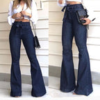 High-waisted belted jeans with a flared hem