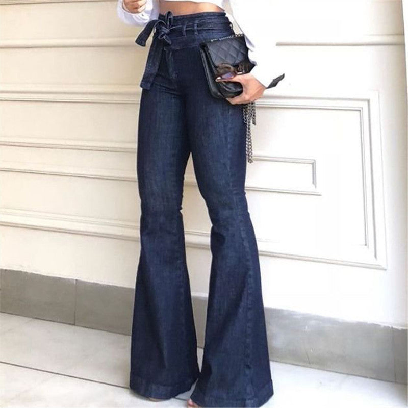 High-waisted belted jeans with a flared hem